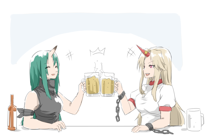 +++ 2girls :d ^^^ ^_^ alcohol arknights bare_shoulders beer beer_mug bottle breasts chain closed_eyes crossover cup green_hair grey_background grey_shirt holding holding_cup horns hoshiguma_(arknights) hoshiguma_yuugi light_brown_hair long_hair medium_breasts mug multiple_girls name_connection nejikyuu puffy_short_sleeves puffy_sleeves shirt short_sleeves single_horn sleeveless sleeveless_shirt smile toasting_(gesture) touhou turtleneck two-tone_background upper_body very_long_hair violet_eyes white_background white_shirt