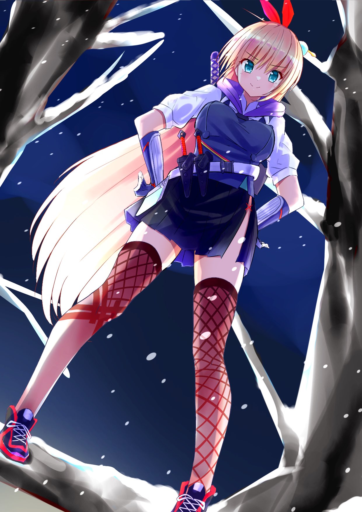&gt;:) 1girl aqua_eyes bare_tree blonde_hair blue_gloves blue_skirt closed_mouth commentary cross-laced_footwear dutch_angle fingerless_gloves foot_out_of_frame from_below gloves hair_between_eyes hair_ribbon hands_on_own_hips heaven_burns_red highres hip_vent kanzaki_adelheid kunai long_hair long_sleeves looking_at_viewer looking_down miniskirt night outdoors pleated_skirt puffy_long_sleeves puffy_sleeves red_footwear red_ribbon red_thighhighs ribbon shirt shoes skirt smile smug sneakers snowing solo split_mouth standing standing_on_branch straight_hair thigh-highs tree v-shaped_eyebrows very_long_hair weapon white_shirt winter yoanium zettai_ryouiki