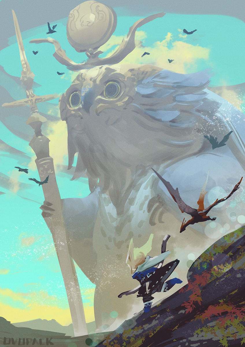 1other ambiguous_gender animal animal_ears artist_name bird blonde_hair blue_footwear blue_sky boots bow_(weapon) clouds colossus commentary dragon from_behind headpiece highres holding holding_bow_(weapon) holding_sword holding_weapon knee_boots mountainous_horizon murayama_ryouta original outdoors oversized_animal owl running scenery short_hair signature simple_bird size_difference sky sword weapon wide_shot