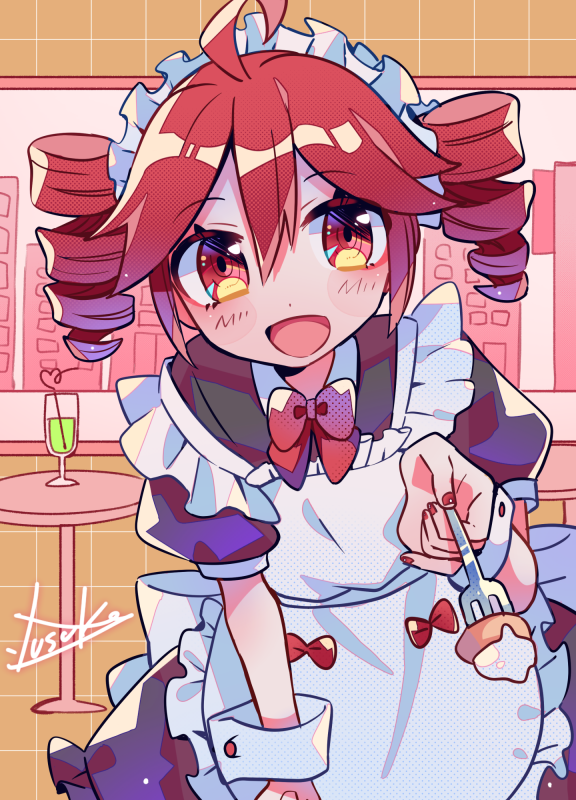 1girl ahoge apron artist_name back_bow black_dress blush bow dress drill_hair fork glass hair_between_eyes holding holding_fork kasane_teto looking_at_viewer maid maid_apron maid_headdress open_mouth orange_background pov red_bow red_eyes redhead sidelocks signature smile solo table tile_background twin_drills twintails utau white_bow window yuusuke-kun