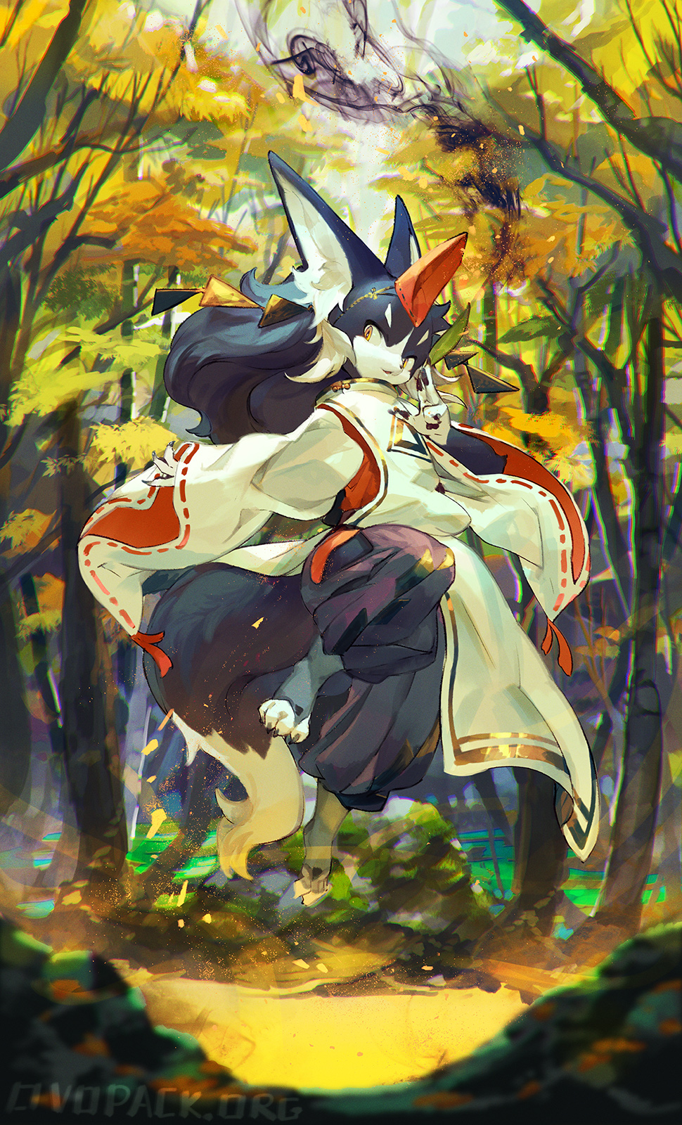 1boy animal_ear_fluff animal_ears artist_name autumn between_fingers black_hair black_hakama black_socks commentary_request day digitigrade earrings forest fox_boy fox_ears fox_tail from_side full_body furry furry_male hakama hakama_pants highres holding japanese_clothes jewelry jumping leaf long_hair long_sleeves male_focus midair murayama_ryouta nature open_mouth original outdoors pants pawpads salute shirt signature smoke socks solo stirrup_legwear tail toeless_legwear tree two-finger_salute two-sided_fabric white_shirt wide_sleeves yellow_eyes