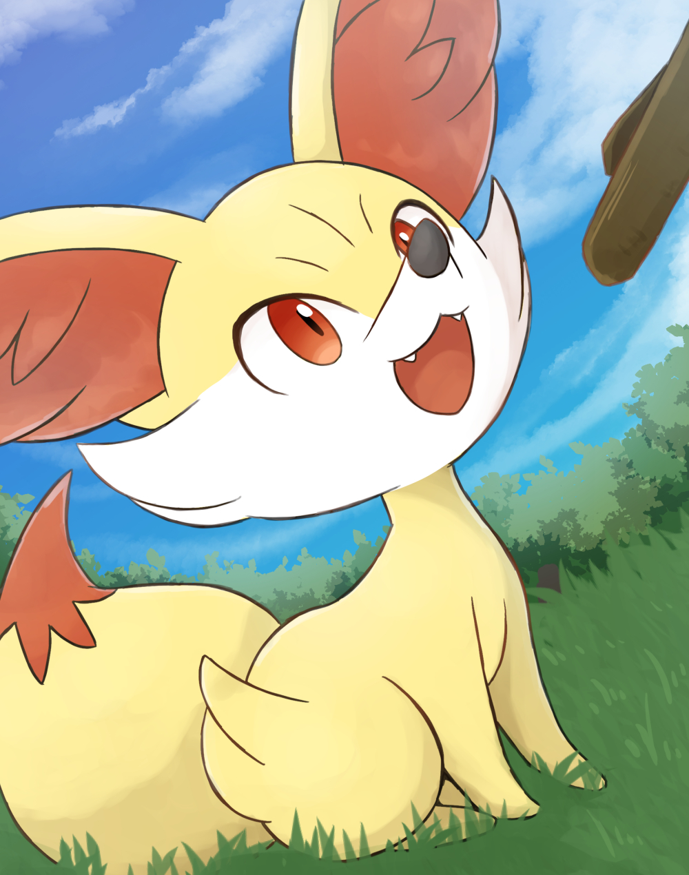 blue_sky bush day fennekin grass highres no_humans on_grass open_mouth outdoors pokemon pokemon_(creature) red_eyes rumine_(yoshi1234567) sky solo tail