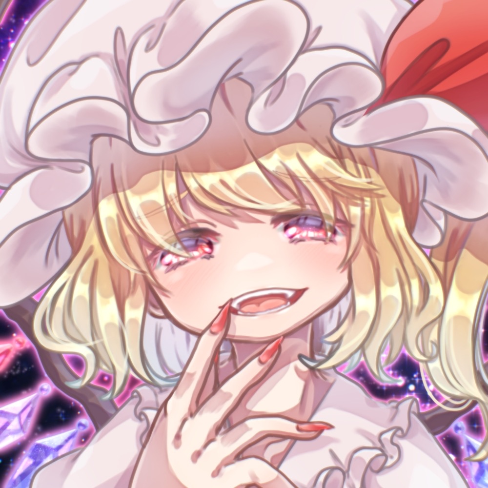 1girl blonde_hair crystal dark_background fingernails flandre_scarlet frilled_shirt_collar frills hat head_tilt looking_at_viewer medium_hair mob_cap multicolored_wings nail_polish one_side_up open_mouth red_eyes red_nails sacchan_happy sharp_fingernails shirt simple_background solo teeth touhou upper_body white_headwear white_shirt wings