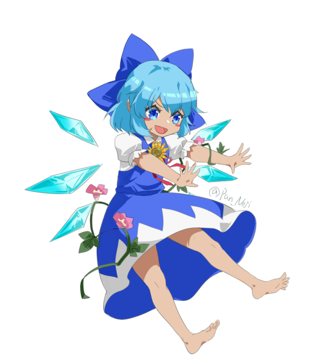 1girl :d barefoot blue_bow blue_dress blue_eyes blue_hair blue_wings blush_stickers bow cirno collared_shirt detached_wings dress flower full_body hair_between_eyes hair_bow ice ice_wings nejikyuu outstretched_arms pink_flower puffy_short_sleeves puffy_sleeves shirt short_sleeves sleeveless sleeveless_shirt smile soles solo sunflower tan touhou twitter_username white_shirt wings yellow_flower