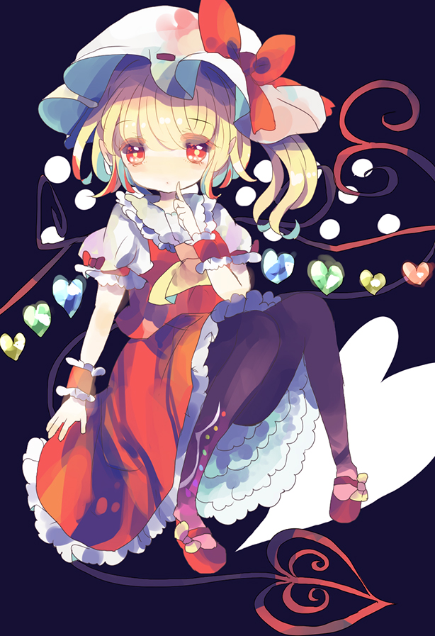 1girl alternate_wings ascot black_pantyhose blonde_hair blue_background bow breasts closed_mouth collared_shirt crystal dark_background finger_to_mouth flandre_scarlet frilled_shirt_collar frills full_moon hat hat_bow hat_ribbon hiyuu_(hiyualice) index_finger_raised laevatein_(touhou) large_bow looking_at_viewer mary_janes medium_hair mob_cap moon multicolored_wings one_side_up pantyhose puffy_short_sleeves puffy_sleeves red_eyes red_footwear red_ribbon red_skirt red_vest ribbon ribbon-trimmed_headwear ribbon_trim shirt shoes short_sleeves simple_background sitting skirt sleeve_bow sleeve_ribbon small_breasts solo touhou vest white_headwear white_shirt wings wrist_cuffs yellow_ascot