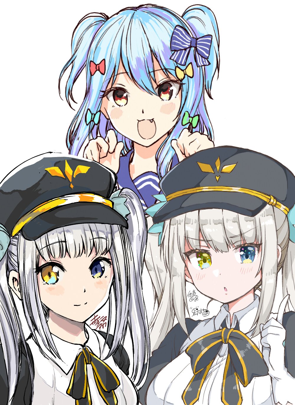 1boy 1girl :3 :o akasaka_aka black_bow black_bowtie black_headwear blue_bow blue_eyes blue_hair blue_sailor_collar blunt_bangs blush blush_stickers bow bowtie cabbie_hat closed_mouth collaboration collared_shirt commentary_request crossdressing dot_nose double-parted_bangs expressions fang furrowed_brow gloves green_bow hair_between_eyes hair_bow hand_up hands_up hat heterochromia highres index_finger_raised inuyama_tamaki inuyama_tamaki_(1st_costume) kagura_gumi kagura_mea lone_nape_hair long_hair looking_at_viewer multiple_hair_bows noripro open_mouth otoko_no_ko parted_lips paw_pose pinstripe_bow red_bow red_eyes sailor_collar shirt sidelocks signature simple_background smile straight-on straight_hair tsukudani_norio twintails two_side_up variations virtual_youtuber white_background white_gloves white_hair white_shirt yellow_bow