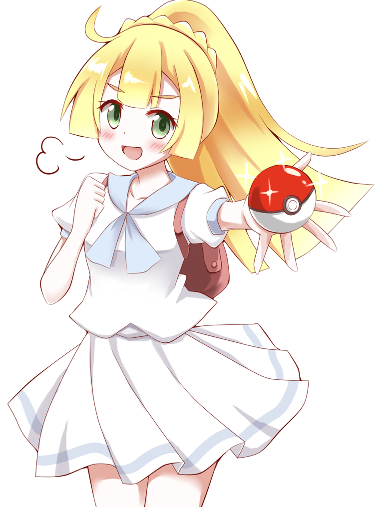 1girl :d backpack bag blonde_hair blush clenched_hand cowboy_shot doyagao green_eyes hachimi holding holding_poke_ball lillie_(pokemon) long_hair looking_at_viewer open_mouth outstretched_arm pleated_skirt poke_ball poke_ball_(basic) pokemon pokemon_sm ponytail puff_of_air shirt short_sleeves skirt smile smug solo white_background white_shirt white_skirt
