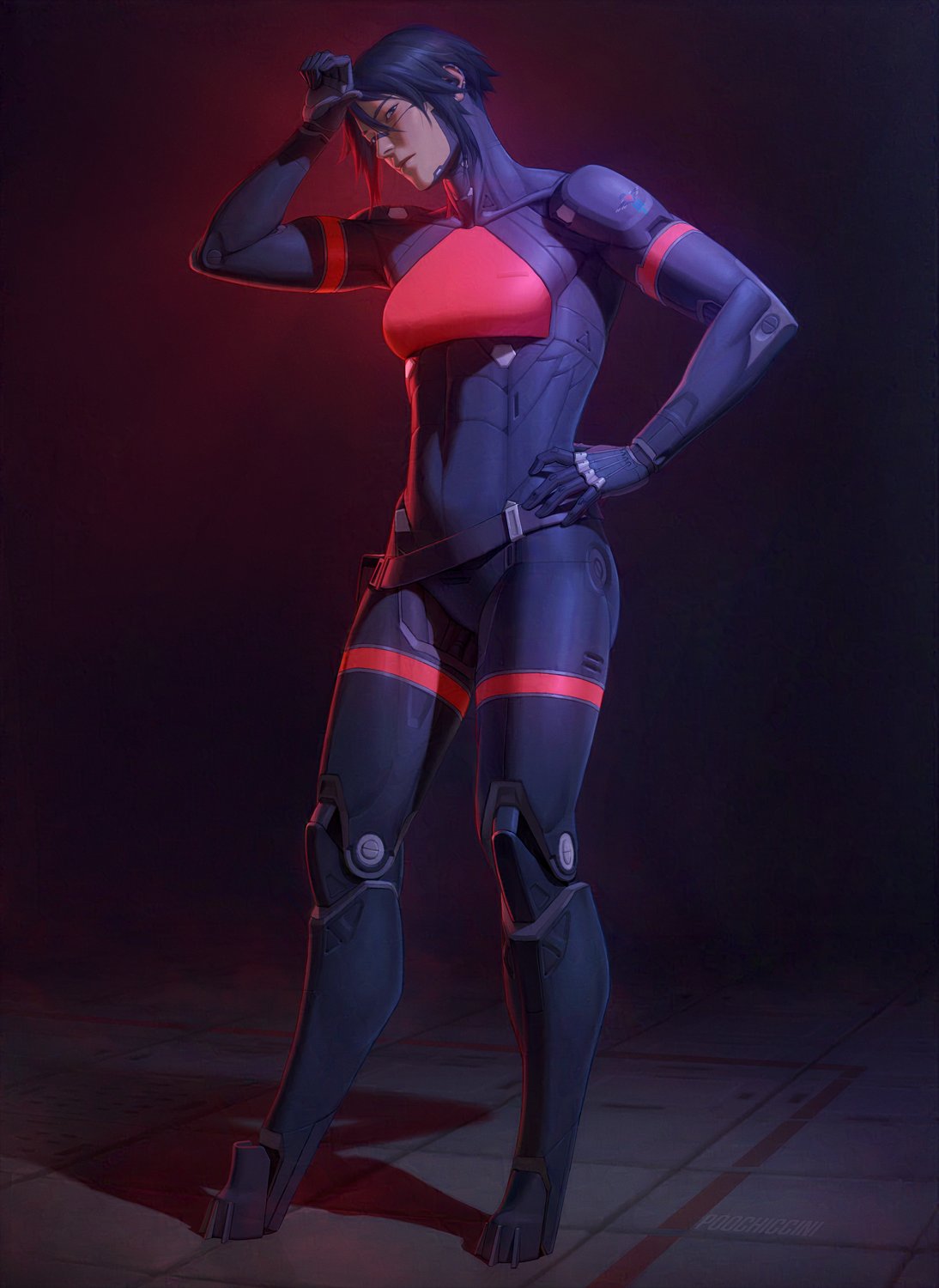 1girl android belt black_hair cyberpunk elster_(signalis) full_body highres joints looking_at_viewer metal_skin muscular muscular_female no_feet poochiccini robot_girl robot_joints short_hair signalis