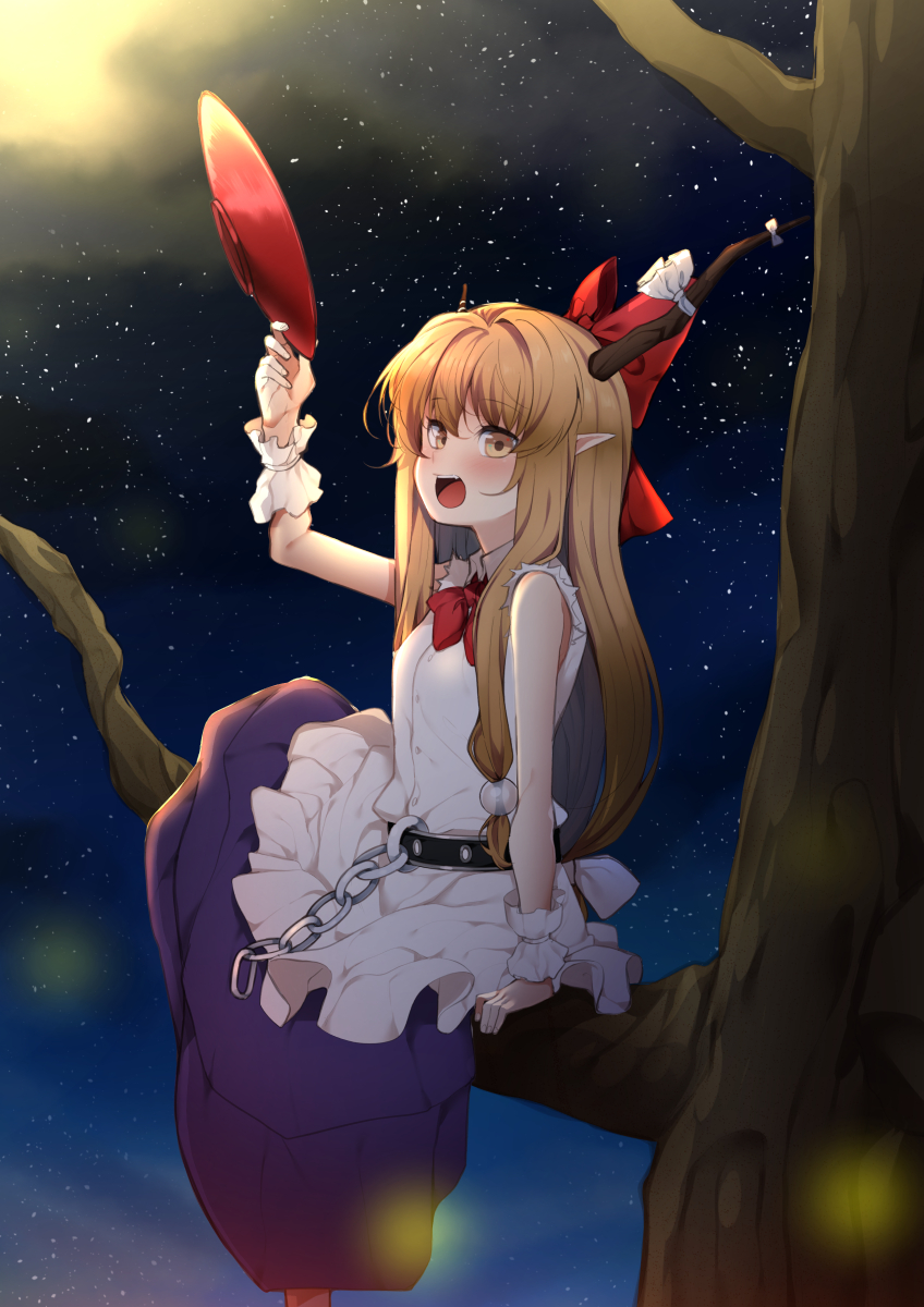 1girl arm_support arm_up belt black_belt blonde_hair blush bow bowtie chain collared_shirt commentary_request hair_bow highres holding holding_plate horn_bow horn_ornament horns ibuki_suika long_hair long_skirt looking_at_viewer low-tied_long_hair night nigo_(aozoragarou) open_mouth plate pointy_ears purple_skirt red_bow red_bowtie shirt sidelocks sitting sitting_on_branch skirt sky sleeveless sleeveless_shirt solo star_(sky) starry_sky teeth touhou tree upper_teeth_only white_bow white_shirt wrist_cuffs yellow_eyes
