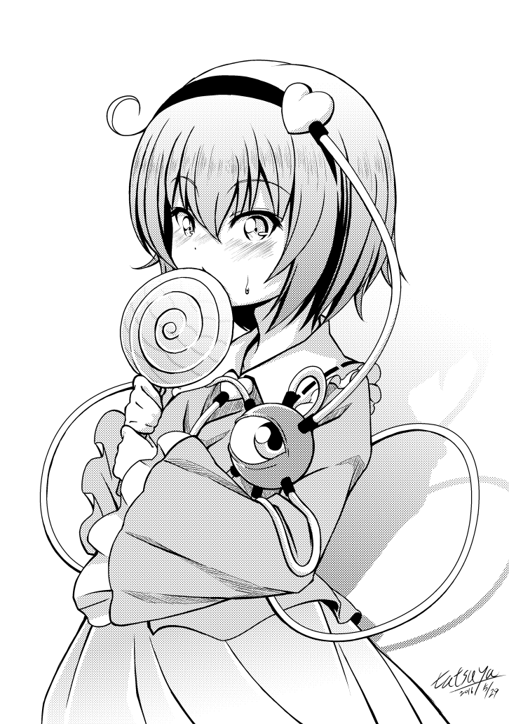 1girl blouse candy collared_shirt covering_own_mouth cowboy_shot food frilled_shirt_collar frilled_sleeves frills from_side greyscale hair_between_eyes hairband holding holding_candy holding_food holding_lollipop komeiji_satori lollipop looking_at_viewer medium_hair monochrome shirt skirt sleeves_past_wrists solo sweatdrop swirl_lollipop tatsuya_(guild_plus) third_eye touhou wide_sleeves