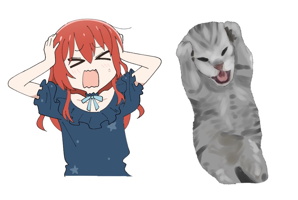 &gt;_&lt; 1girl arms_up blue_shirt blush bocchi_the_rock! closed_eyes commentary_request cropped_torso frilled_shirt frills grey_cat hands_on_own_head kita_ikuyo long_hair open_mouth photo-referenced redhead setsuna_bluem34 shirt short_sleeves simple_background solo upper_body white_background