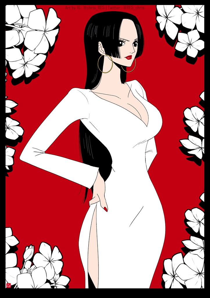 1girl black_border black_hair boa_hancock border chris_re5 cowboy_shot dress english_commentary flower hand_on_own_hip hime_cut instagram_username long_hair looking_to_the_side one_piece red_background red_lips red_nails solo twitter_username white_dress