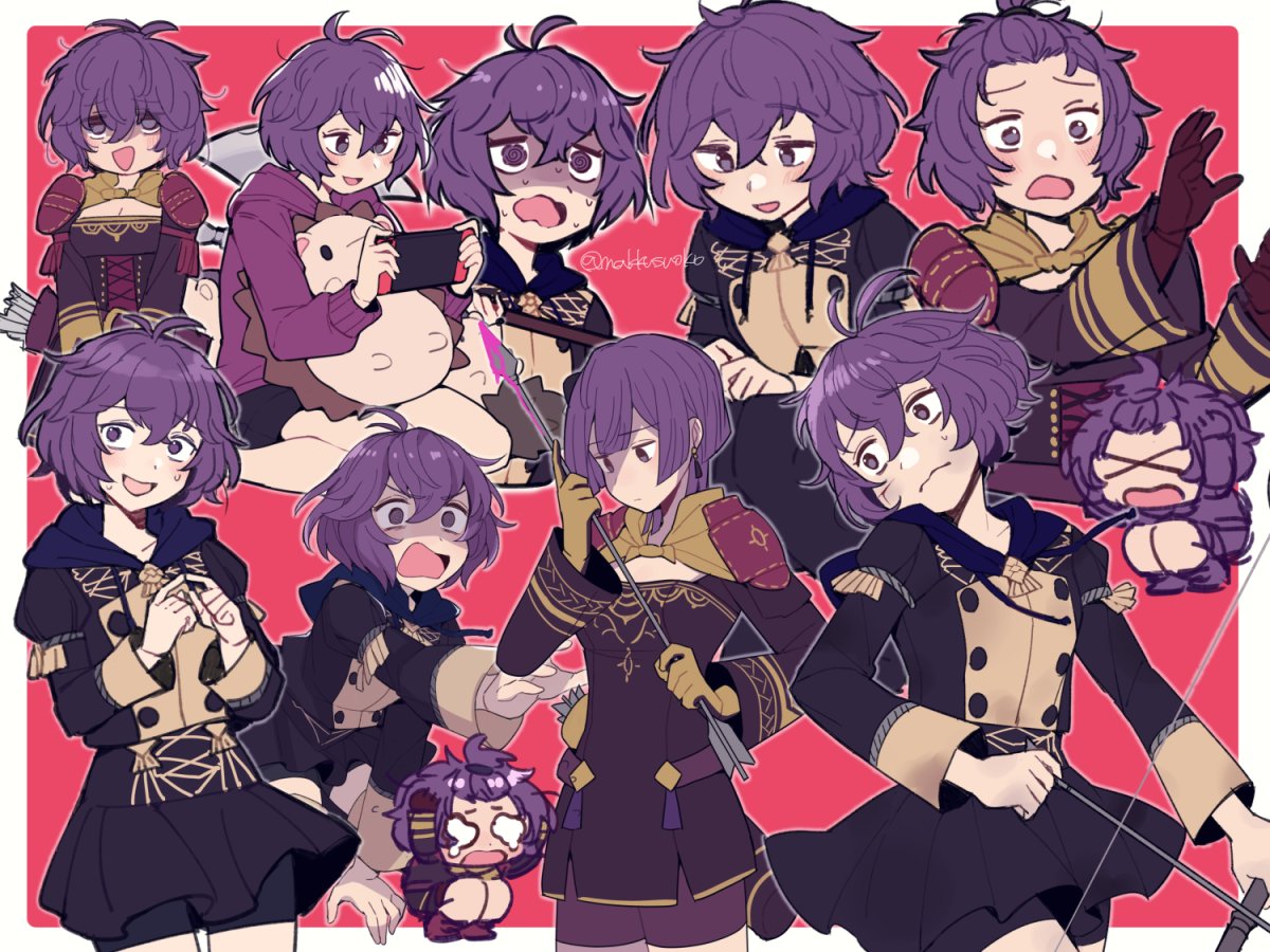 &gt;_&lt; @_@ ahoge arrow_(projectile) axe bernadetta_von_varley border bow_(weapon) brown_gloves chibi contemporary do_m_kaeru finger_touching fire_emblem fire_emblem:_three_houses fire_emblem_warriors:_three_hopes garreg_mach_monastery_uniform gloves handheld_game_console holding holding_axe holding_bow_(weapon) holding_handheld_game_console holding_weapon hood hoodie messy_hair multiple_persona nintendo_switch official_alternate_costume official_alternate_hairstyle open_mouth outside_border panicking partially_shaded_face purple_hair quiver short_hair short_shorts shorts shorts_under_skirt stuffed_animal stuffed_toy sweatdrop tears topknot violet_eyes weapon white_border yellow_gloves