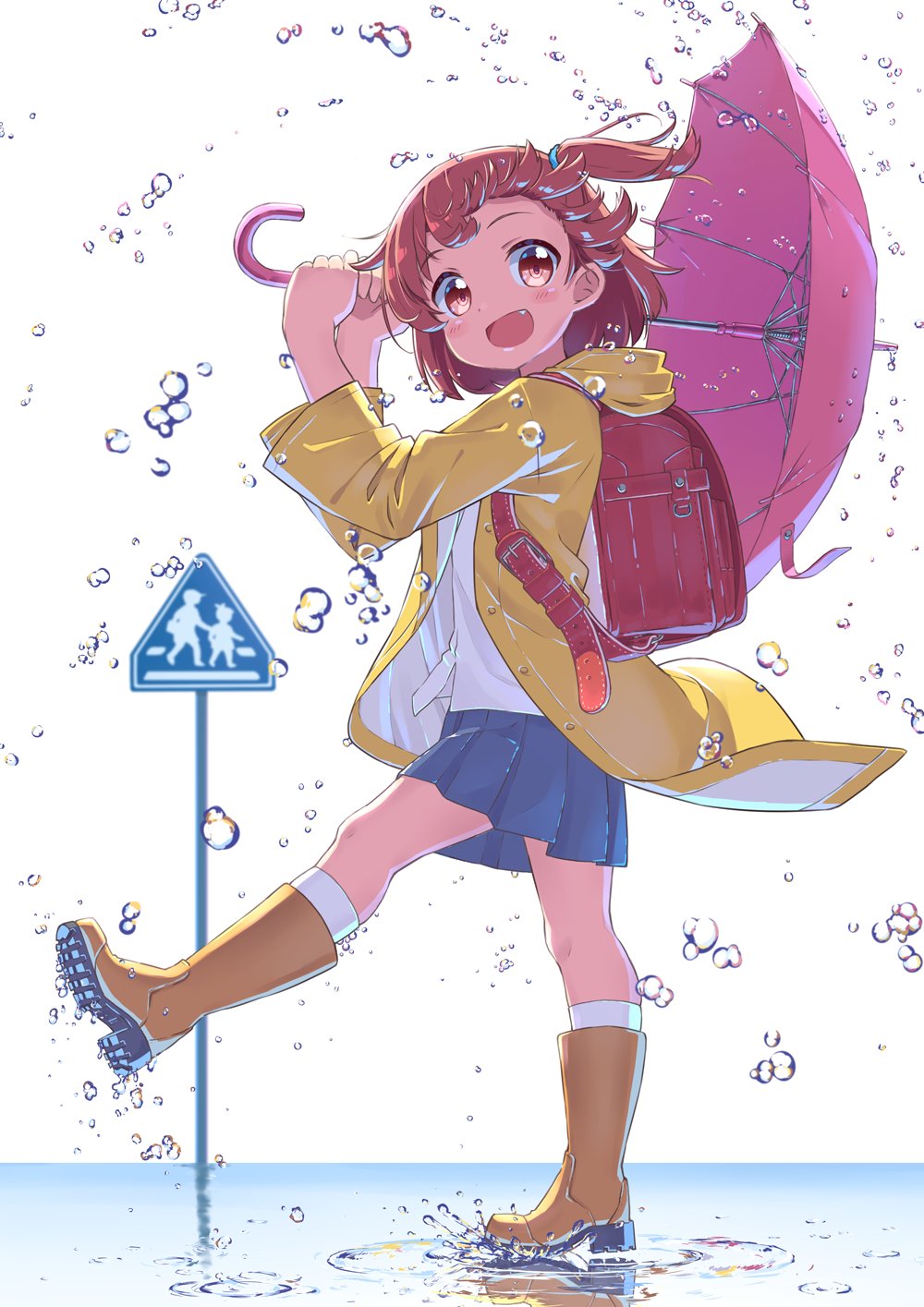 1girl backpack bag blue_skirt blush boots brown_hair buttons changaa colored_shoe_soles commentary fang floating_hair hands_up highres holding holding_umbrella hood hooded_jacket hoshino_hinata jacket leg_up looking_at_viewer one_side_up open_mouth pink_umbrella pleated_skirt randoseru red_bag red_eyes rubber_boots shirt short_hair sign simple_background skirt smile socks solo splashing standing standing_on_liquid umbrella watashi_ni_tenshi_ga_maiorita! water_drop white_background white_shirt white_socks yellow_footwear yellow_raincoat