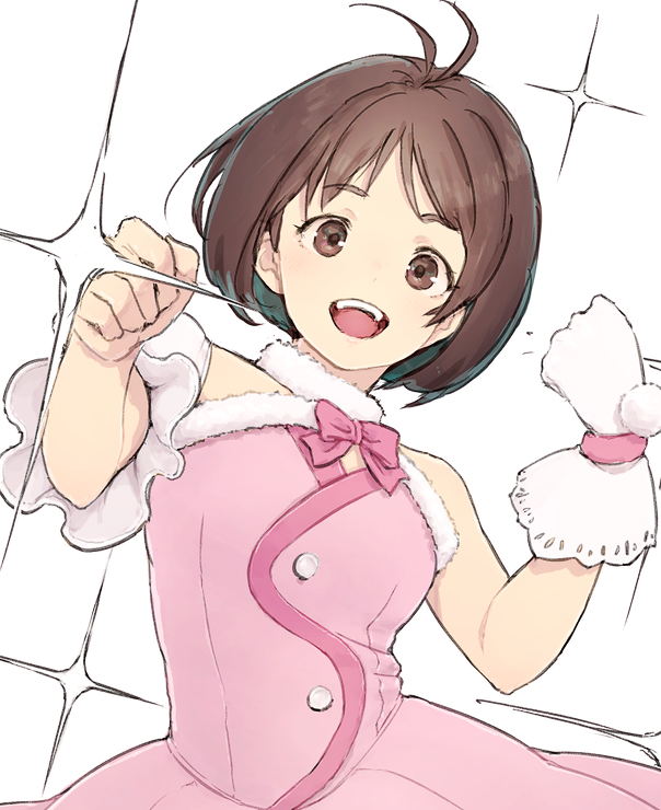 1girl antenna_hair asymmetrical_sleeves bow bowtie brown_eyes brown_hair clenched_hands cute_&amp;_girly_(idolmaster) dress fur-trimmed_dress fur_trim gloves hands_up hidaka_ai idolmaster idolmaster_dearly_stars konekone open_mouth pink_bow pink_bowtie pink_dress pom_pom_(clothes) short_hair simple_background single_bare_shoulder single_glove single_sleeve smile solo sparkle teeth uneven_sleeves upper_body upper_teeth_only white_background white_gloves
