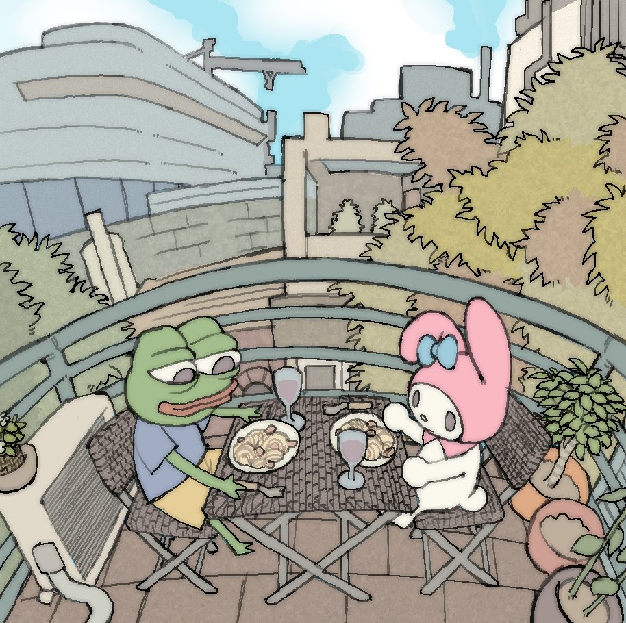 alcohol animal_ears animal_hood blue_bow bow boy's_club building bulging_eyes capelet chair colored_skin crossover fisheye food fork frog green_skin hood meatball meme my_melody pantsu-ripper pasta patio pepe_the_frog pink_capelet pink_hood plant plate potted_plant rabbit rabbit_ears rabbit_hood sanrio spaghetti spaghetti_and_meatballs table wine