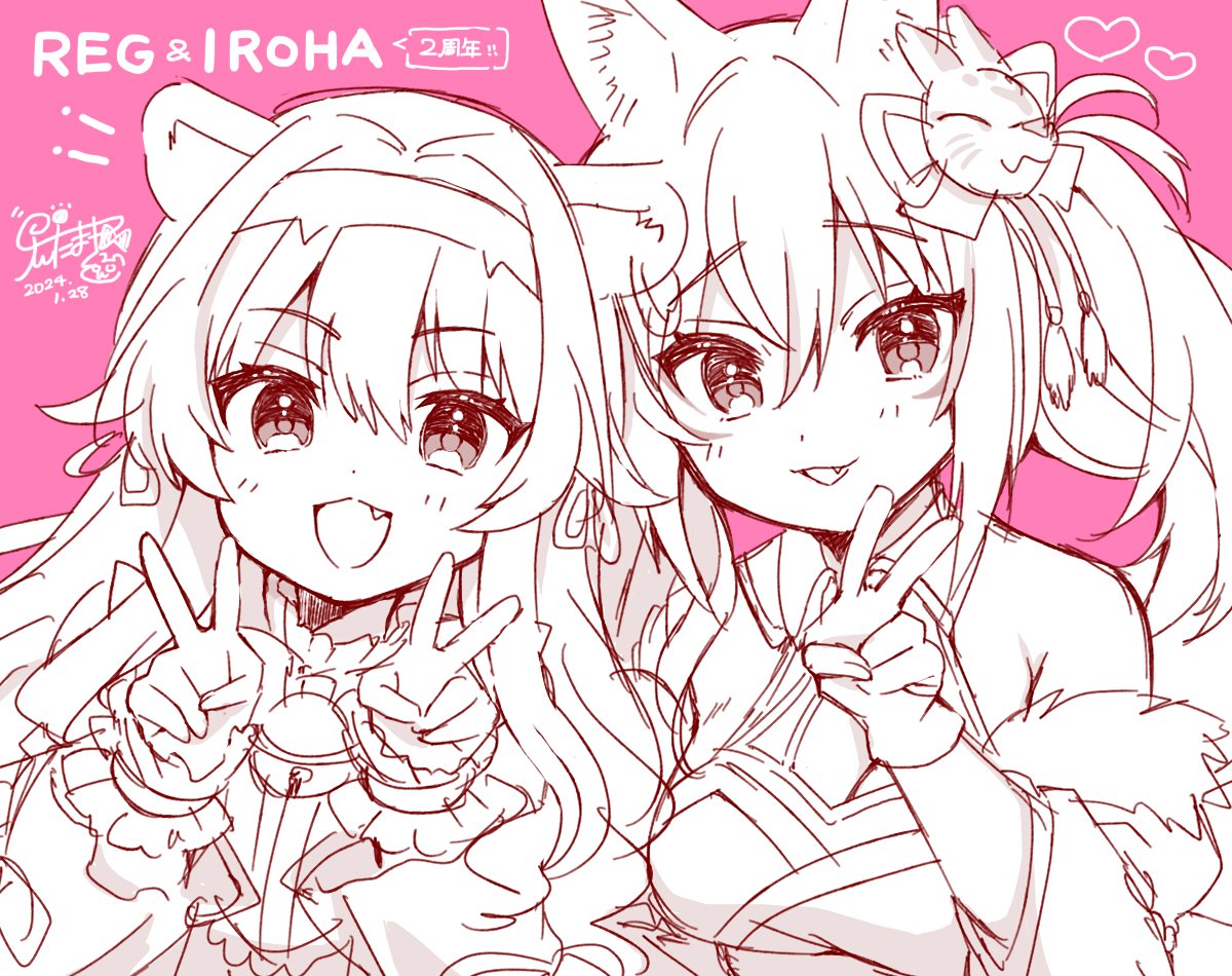 2girls animal_ear_piercing animal_ears anniversary bell blush character_name commentary_request curly_hair dated double-parted_bangs double_v eyelashes fang fox_ears fox_girl fox_mask frilled_wristband gloves greyscale hair_between_eyes hair_ornament hair_ribbon hairband hand_up hands_up heart inari_iroha jingle_bell kitsune kyuubi lion_ears lion_girl long_bangs long_hair looking_at_viewer mask monochrome multiple_girls multiple_tails neck_bell noripro open_mouth pink_background ponytail regrush_lionheart ribbon side-by-side signature sketch smile tail tassel tassel_hair_ornament tsukudani_norio v virtual_youtuber