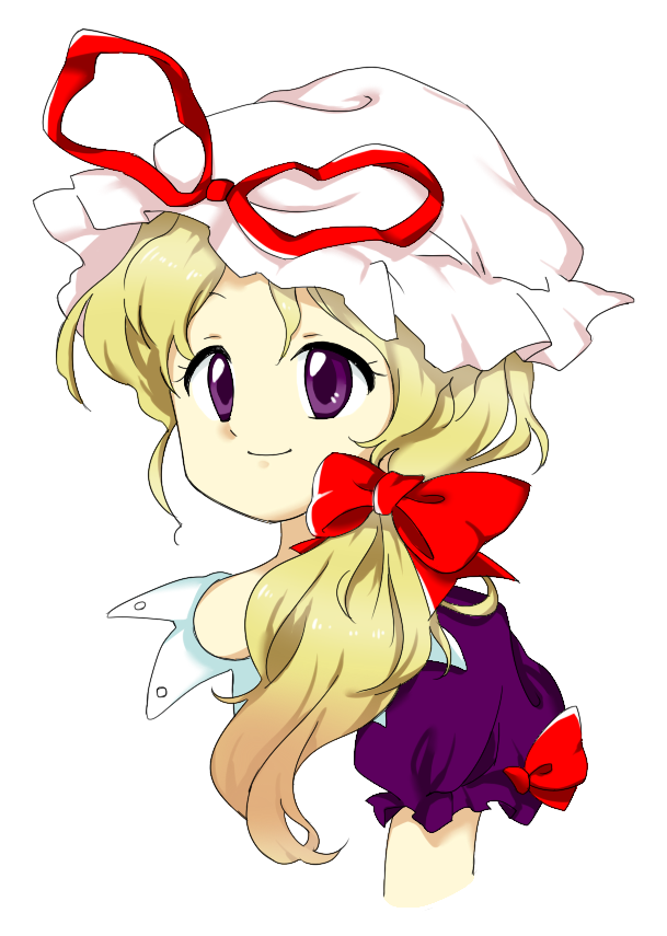 1girl blonde_hair bow closed_mouth hair_bow hat hat_ribbon long_hair low_side_ponytail mob_cap nonamejd official_style puffy_short_sleeves puffy_sleeves red_bow red_ribbon ribbon short_sleeves side_ponytail simple_background smile solo touhou upper_body violet_eyes white_background white_headwear yakumo_yukari zun_(style)