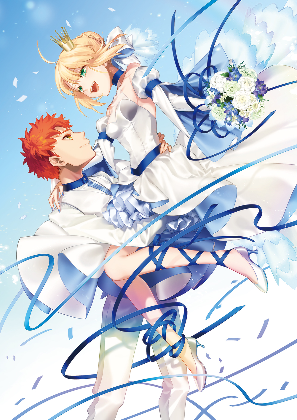 1boy 1girl :d ahoge alternate_costume arm_around_waist artoria_pendragon_(fate) bare_shoulders blonde_hair blue_background blue_choker blue_nails blue_ribbon bouquet bow carrying choker closed_mouth collarbone couple crown detached_sleeves dress emiya_shirou eye_contact fate/stay_night fate_(series) feet_out_of_frame floating_clothes floating_hair flower full_body green_eyes hair_between_eyes hair_bow hair_bun hair_ribbon hand_on_another's_shoulder happy hetero high_heels highres holding holding_bouquet juliet_sleeves knees_together_feet_apart leg_ribbon long_ribbon long_sleeves looking_at_another medium_hair mini_crown nail_polish open_mouth orange_hair otama_(atama_ohanabatake) princess_carry profile puffy_sleeves ribbon rose saber_(fate) short_hair simple_background single_hair_bun smile spiky_hair standing strapless strapless_dress teeth upper_teeth_only wedding_dress white_bow white_dress white_flower white_footwear white_rose white_sleeves yellow_eyes