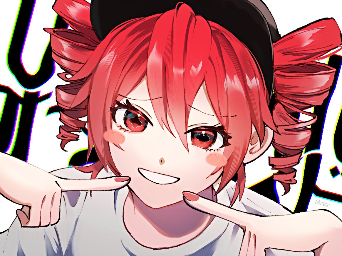 +_+ 1girl baseball_cap black_headwear blush_stickers chromatic_aberration drill_hair hair_between_eyes hat kasane_teto kasane_teto_(sv) looking_at_viewer override_(synthesizer_v) pointing pointing_at_self red_eyes red_nails redhead shirt sidelocks smile solo synthesizer_v text_background tsuboi404 twin_drills twintails utau white_background white_shirt