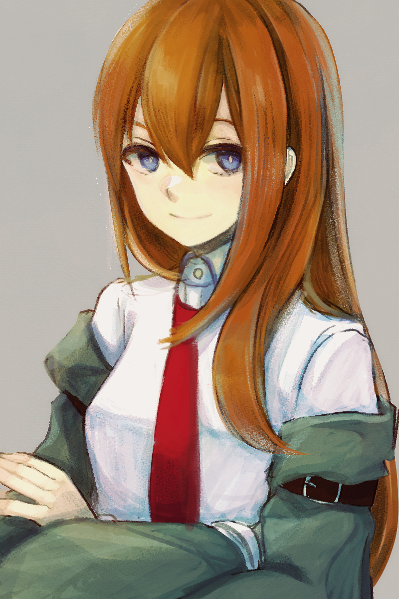 1girl amrta arm_belt blue_eyes brown_hair closed_mouth coat coat_partially_removed collared_shirt crossed_arms green_coat grey_background hair_between_eyes highres long_hair long_sleeves looking_at_viewer makise_kurisu necktie red_necktie shirt simple_background solo steins;gate upper_body white_shirt