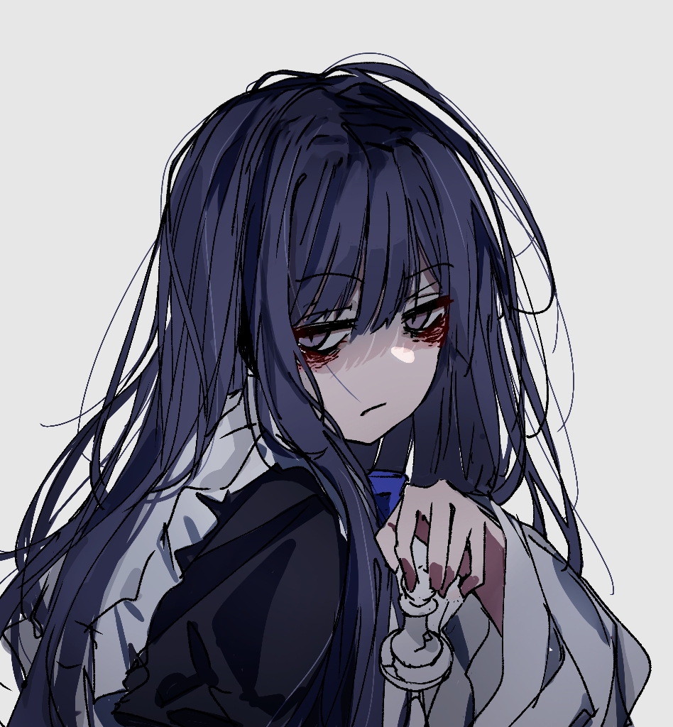 1girl bags_under_eyes black_shirt blue_hair blunt_bangs chess_piece closed_mouth dark_blue_hair frederica_bernkastel frown holding holding_chess_piece long_hair long_sleeves messy_hair pawn_(chess) shirt simple_background solo sweater_701 umineko_no_naku_koro_ni violet_eyes white_background wide_sleeves