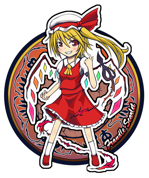 1girl blonde_hair breasts character_name chibi flandre_scarlet full_body hat hat_ribbon ina_(17-ina) index_finger_raised laevatein_(touhou) long_hair mob_cap multicolored_wings one_side_up open_mouth puffy_short_sleeves puffy_sleeves red_eyes red_footwear red_ribbon red_skirt red_vest ribbon shirt short_sleeves simple_background skirt skirt_set small_breasts socks solo teeth touhou v-shaped_eyes vest white_background white_headwear white_shirt white_socks wings