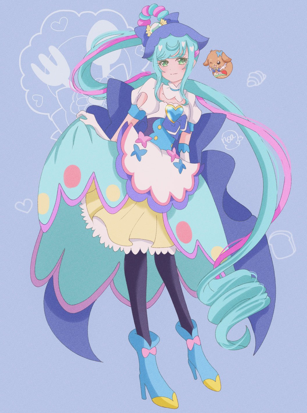 1girl ankle_bow back_bow blue_bow blue_hair blue_pantyhose boots bow brooch bun_cover cure_spicy delicious_party_precure dress earrings full_body fuwa_kokone gloves green_eyes hair_bow hair_bun hair_ornament heart heart_brooch highres huge_bow jewelry long_hair looking_at_viewer magical_girl medium_dress noacure_f pam-pam_(precure) pantyhose precure purple_bow side_ponytail smile triple_bun very_long_hair white_gloves white_stripes wide_ponytail