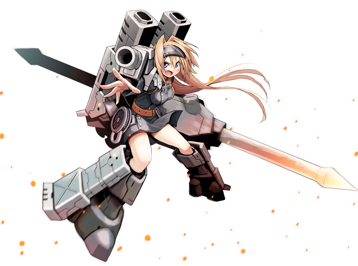 artist_request belt blonde_hair breasts cannon cosmic_break cross dress green_eyes grey_dress hairband hanna_fritz iron_cross lance leg_armor long_hair mecha_musume medium_breasts military_uniform official_art open_mouth outstretched_arm polearm second-party_source uniform weapon