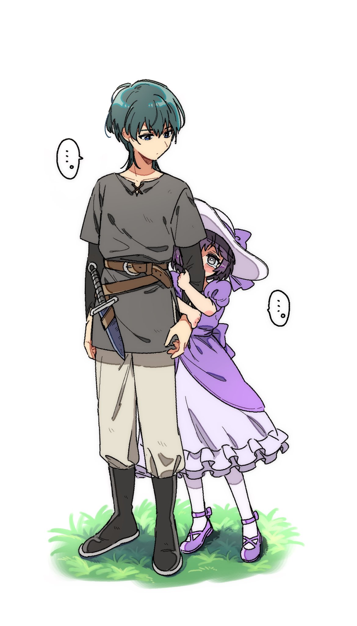 ... 1boy 1girl aged_down alternate_costume arm_hug belt bernadetta_von_varley black_footwear blue_eyes blue_hair boots brown_belt byleth_(fire_emblem) byleth_(male)_(fire_emblem) closed_mouth commentary_request dress fire_emblem fire_emblem:_three_houses grey_shirt hat height_difference highres looking_at_another pants pantyhose puffy_short_sleeves puffy_sleeves purple_dress purple_footwear purple_hair sheath sheathed shirt shoes short_hair short_sleeves short_sword sun_hat sword two-tone_dress violet_eyes weapon white_background white_dress white_headwear white_pants white_pantyhose zourimushi_(poibosu)