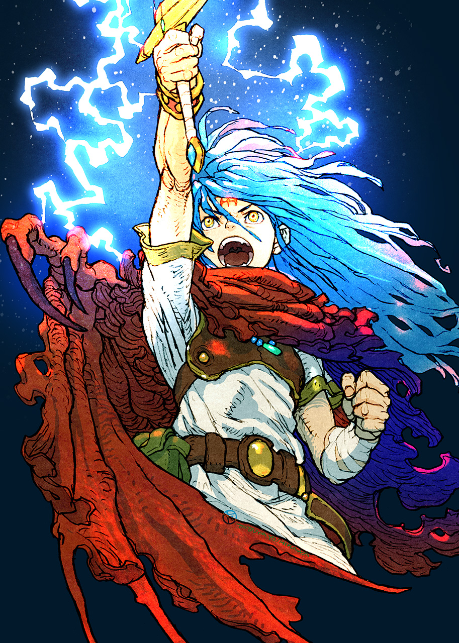 1boy armor belt belt_pouch blue_hair breastplate breath_of_fire breath_of_fire_i brown_belt cape clenched_hand dragon_wings electricity electrokinesis facial_mark floating_hair forehead_mark highres holding holding_sword holding_weapon light_particles long_hair looking_at_object male_focus open_mouth pouch red_cape ryuu_(breath_of_fire_ii) short_sleeves solo sword tunic weapon white_tunic wings yoshikawa_tatsuya