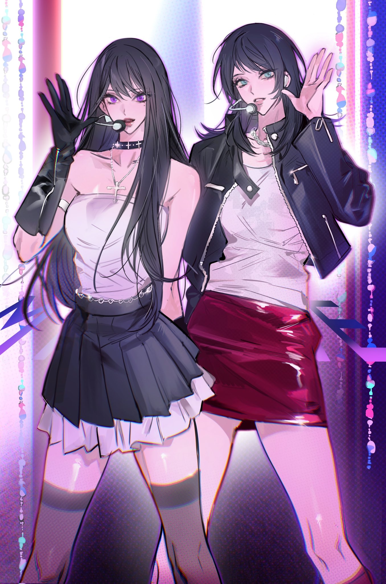 2girls bang_dream! bang_dream!_it's_mygo!!!!! bare_shoulders black_choker black_gloves black_hair black_jacket black_skirt black_thighhighs choker chromatic_aberration collarbone gloves green_eyes hair_between_eyes hand_up highres jacket jewelry long_hair long_sleeves looking_at_viewer m_omoo microphone mole mole_under_eye multiple_girls necklace open_clothes open_jacket open_mouth parted_lips pleated_skirt red_skirt shiina_taki shirt skirt strapless strapless_shirt teeth thigh-highs upper_teeth_only very_long_hair violet_eyes white_shirt yahata_umiri zettai_ryouiki zipper