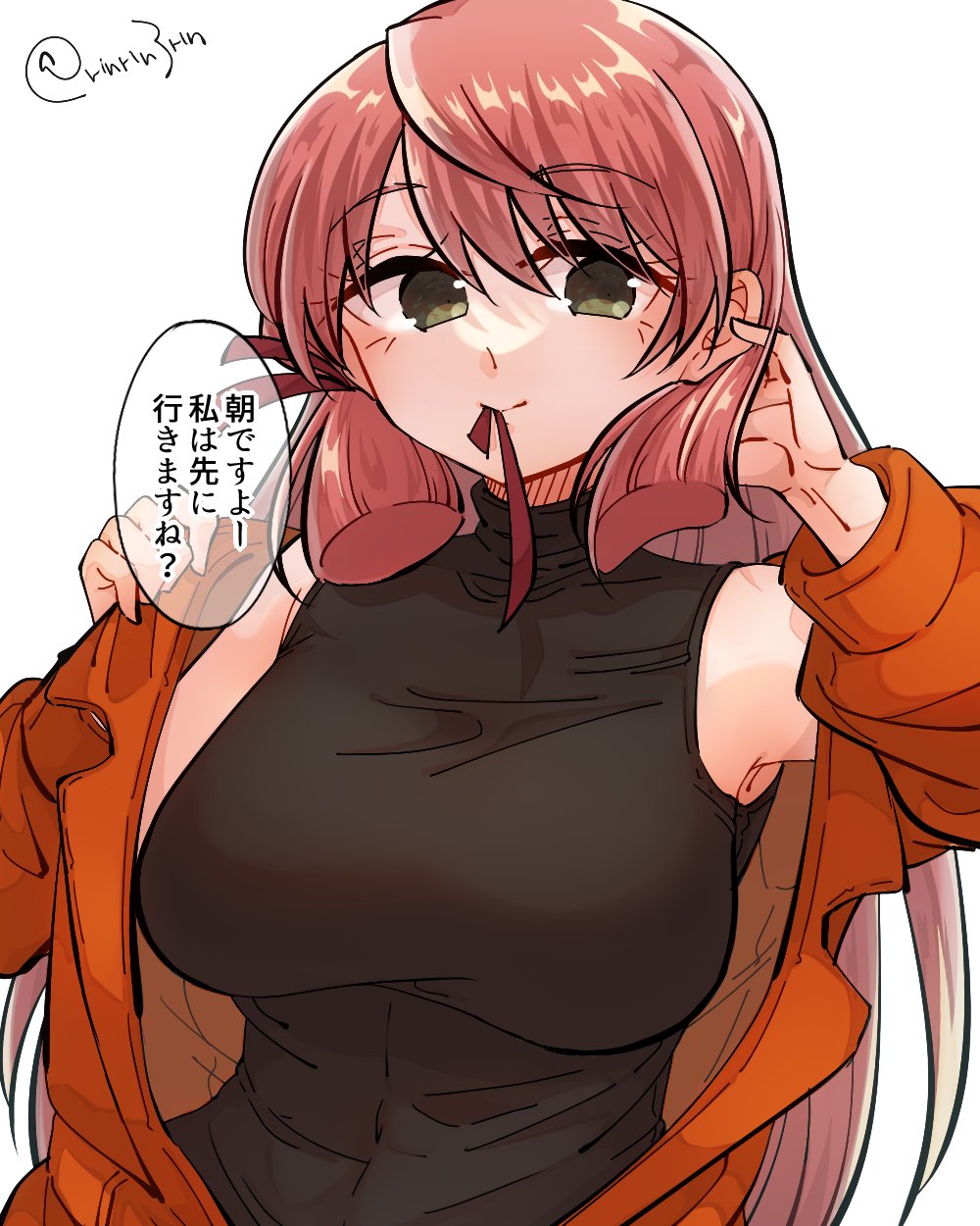 1girl akashi_(kancolle) alternate_costume black_shirt breasts commentary_request green_eyes hair_ribbon highres jumpsuit kantai_collection large_breasts long_hair looking_at_viewer matsunaga_(haku) mouth_hold orange_jumpsuit pink_hair ribbon shirt simple_background sleeveless sleeveless_shirt solo translation_request tress_ribbon turtleneck_shirt twitter_username upper_body white_background