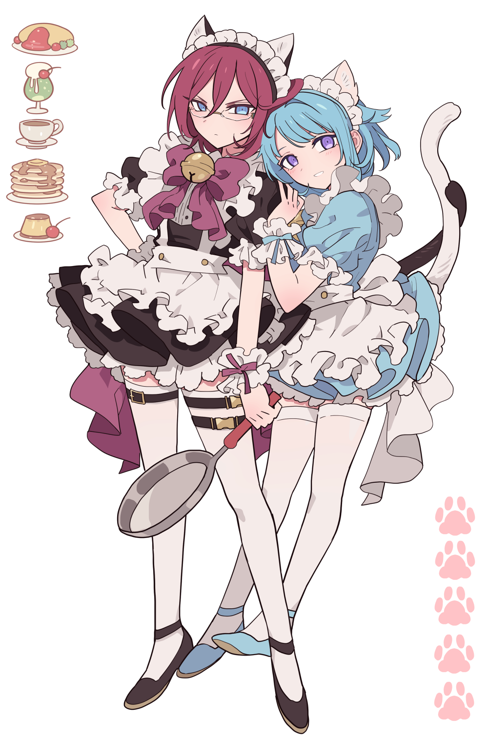 2boys alternate_costume animal_ears apron bell black_dress black_footwear blue_dress blue_eyes blue_hair bow cat_ears cat_tail closed_mouth coffee_cup cream_soda crossdressing cup disposable_cup dress enmaided ensemble_stars! food frilled_apron frilled_dress frills frying_pan full_body glasses hair_between_eyes hand_on_another's_shoulder hand_on_own_hip highres holding holding_frying_pan intertwined_tails kemonomimi_mode leaning_on_person looking_at_viewer maid maid_apron maid_headdress male_focus male_maid meremero multiple_boys neck_bell omelet omurice open_mouth pancake pancake_stack pink_bow pudding puffy_short_sleeves puffy_sleeves purple_hair saegusa_ibara shino_hajime shoes short_hair short_sleeves simple_background smile standing tail thigh-highs thigh_strap waist_apron white_apron white_background white_thighhighs wrist_cuffs