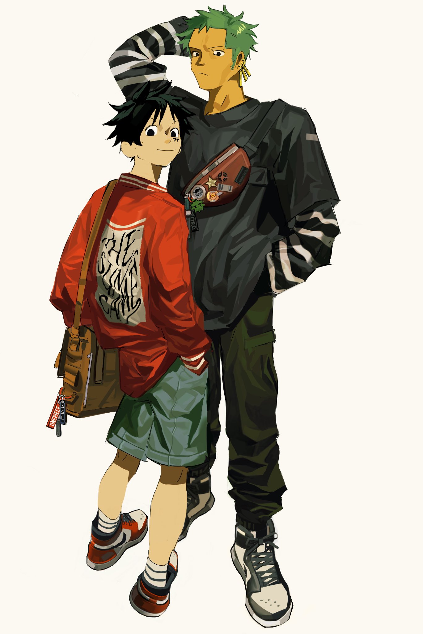 2boys alternate_costume back bag bandana bandana_around_arm black_bandana black_eyes black_hair clipsshark2 earrings fanny_pack full_body green_hair hand_in_pocket hand_on_own_head haramaki highres jewelry layered_sleeves long_sleeves looking_at_viewer male_focus monkey_d._luffy multiple_boys one_eye_closed one_piece roronoa_zoro scar scar_across_eye scar_on_cheek scar_on_face shoes short_hair short_over_long_sleeves short_sleeves shorts shoulder_bag sideburns simple_background single_earring smile sneakers white_background