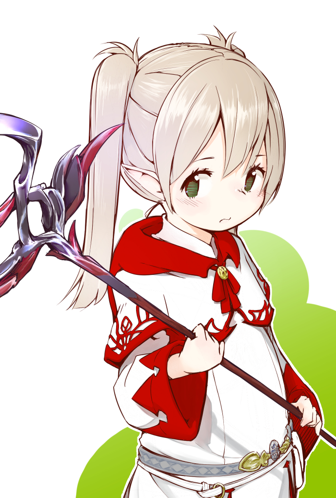 1girl averting_eyes blonde_hair blush capelet final_fantasy final_fantasy_xiv flat_chest green_eyes hair_between_eyes holding holding_staff jajajaja-n lalafell long_bangs mage_staff pointy_ears red_trim robe short_twintails simple_background solo staff twintails warrior_of_light_(ff14) wavy_mouth white_capelet white_mage white_robe