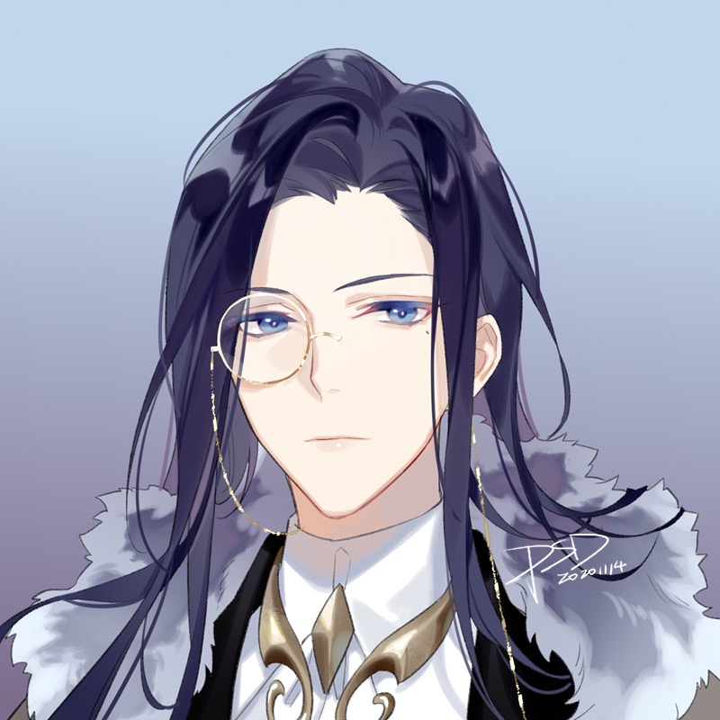 1boy :| black_cape blue_background blue_eyes blue_hair brooch cape clarence_clayden closed_mouth collared_shirt dark_blue_hair diamond_(shape) expressionless fur-trimmed_cape fur_trim jewelry long_hair looking_at_viewer lovebrush_chronicles male_focus mole mole_under_eye monocle parted_bangs portrait psd_(psdgai) shirt signature simple_background solo white_shirt