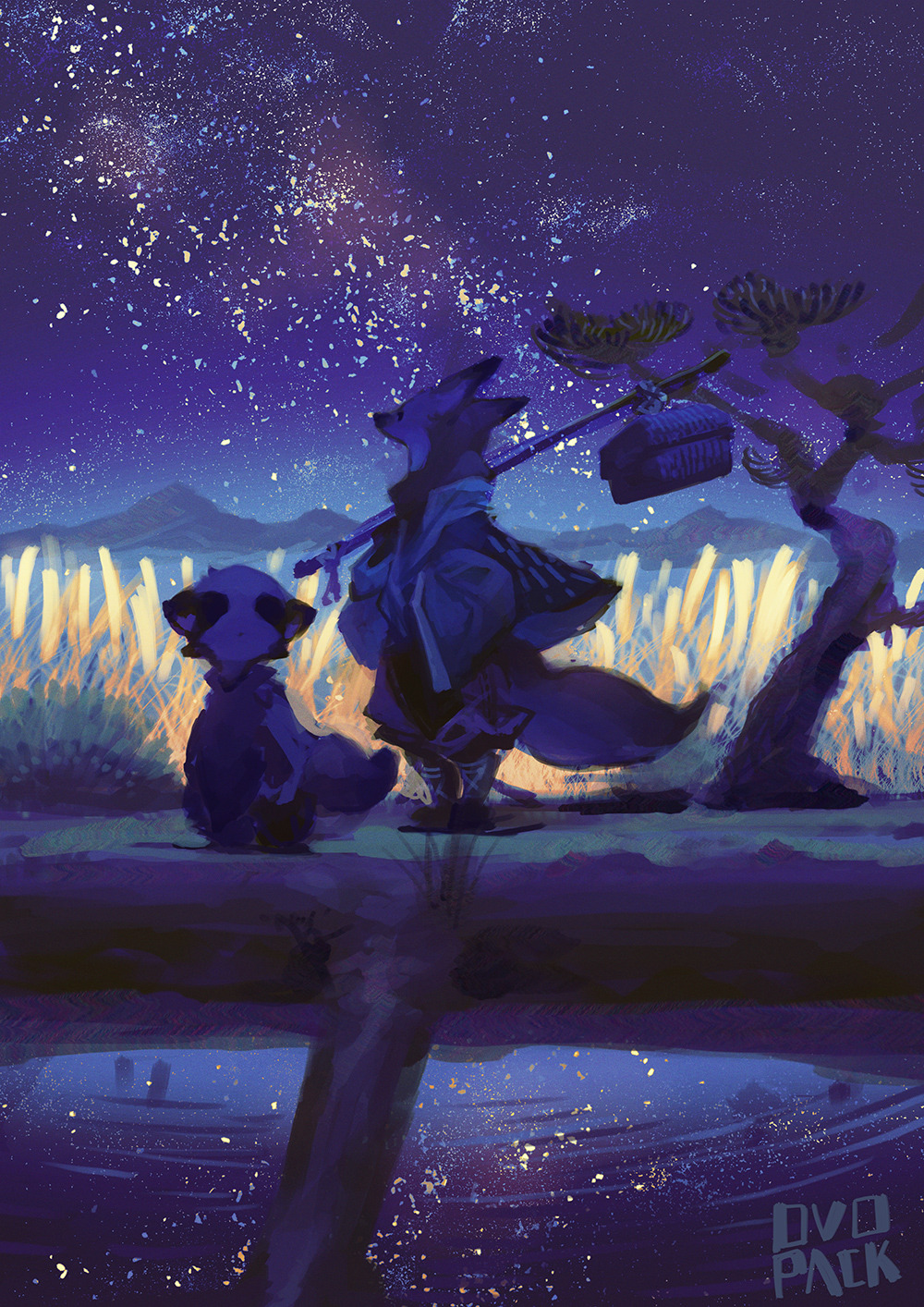 2others androgynous animal_ears artist_name bindle blue_jacket commentary fox_ears fox_tail from_side furry furry_other highres jacket mountainous_horizon multiple_others murayama_ryouta night night_sky original outdoors purple_sky purple_theme scenery signature sky standing star_(sky) starry_sky tail tree water
