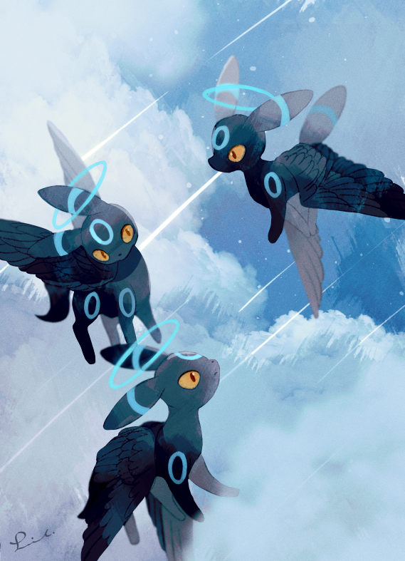alternate_color angel animal_focus black_eyes black_wings blue_halo clouds cloudy_sky colored_sclera commentary day feathered_wings flying full_body halo li04r no_humans pokemon pokemon_(creature) shiny_pokemon signature sky symbol-only_commentary umbreon wings yellow_sclera