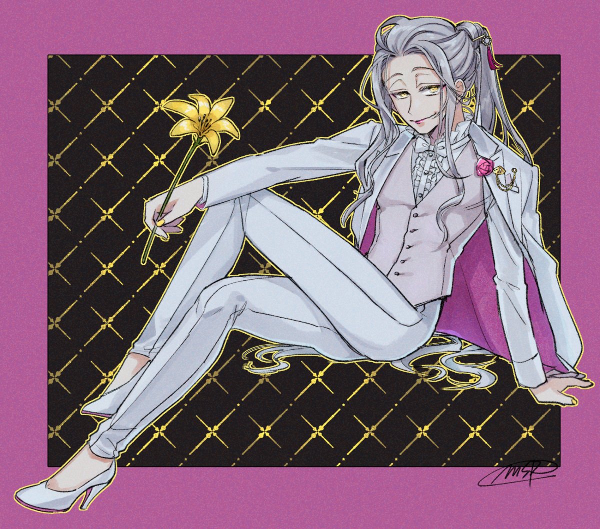 1boy androgynous arm_out_of_sleeve arm_support black_background border boutonniere bow bowtie bungou_to_alchemist center_frills closed_mouth crossed_legs flower frilled_shirt_collar frills full_body grey_hair hair_ornament hair_slicked_back hair_stick half-closed_eyes high_heels holding holding_flower invisible_chair jacket lapel_pin lily_(flower) lipstick long_hair long_sleeves looking_at_viewer makeup male_focus nail_polish outside_border patterned_background pink_border pink_flower pink_lips pink_rose pink_vest ponytail rose shirt sidelocks signature sitting smile solo suit tanizaki_junichirou_(bungou_to_alchemist) tasikanakoto tassel tassel_hair_ornament traditional_bowtie two-sided_fabric two-sided_jacket vest white_bow white_bowtie white_footwear white_jacket white_shirt white_suit yellow_eyes yellow_flower yellow_nails
