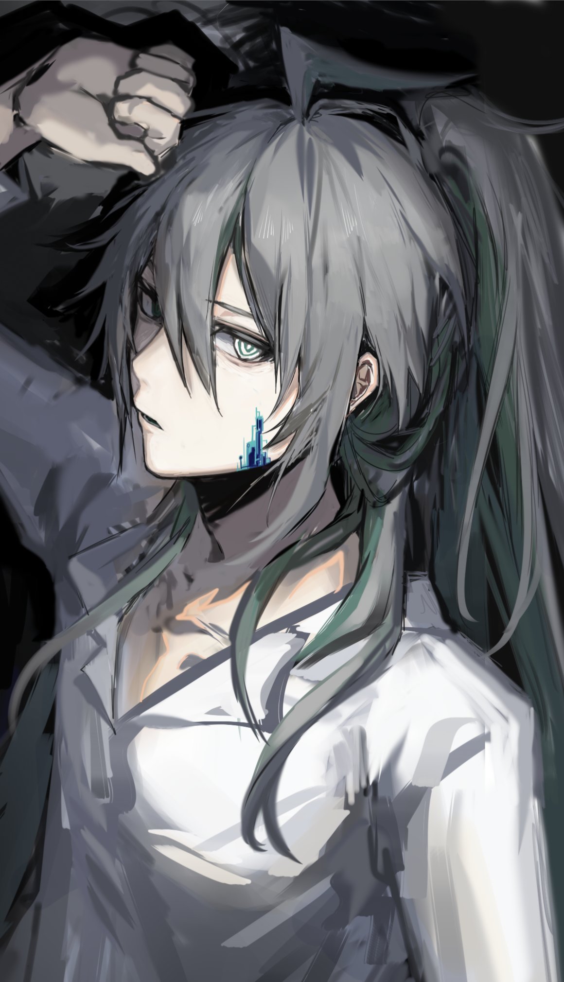 1boy ahoge ainchase_ishmael black_background colored_inner_hair elsword expressionless glitch green_hair hair_between_eyes hand_up herrscher_(elsword) high_ponytail highres long_hair long_sleeves male_focus multicolored_hair parted_lips ponytail ringed_eyes shirt sideways_glance solo upper_body white_eyes white_shirt wing_collar zhangyangri