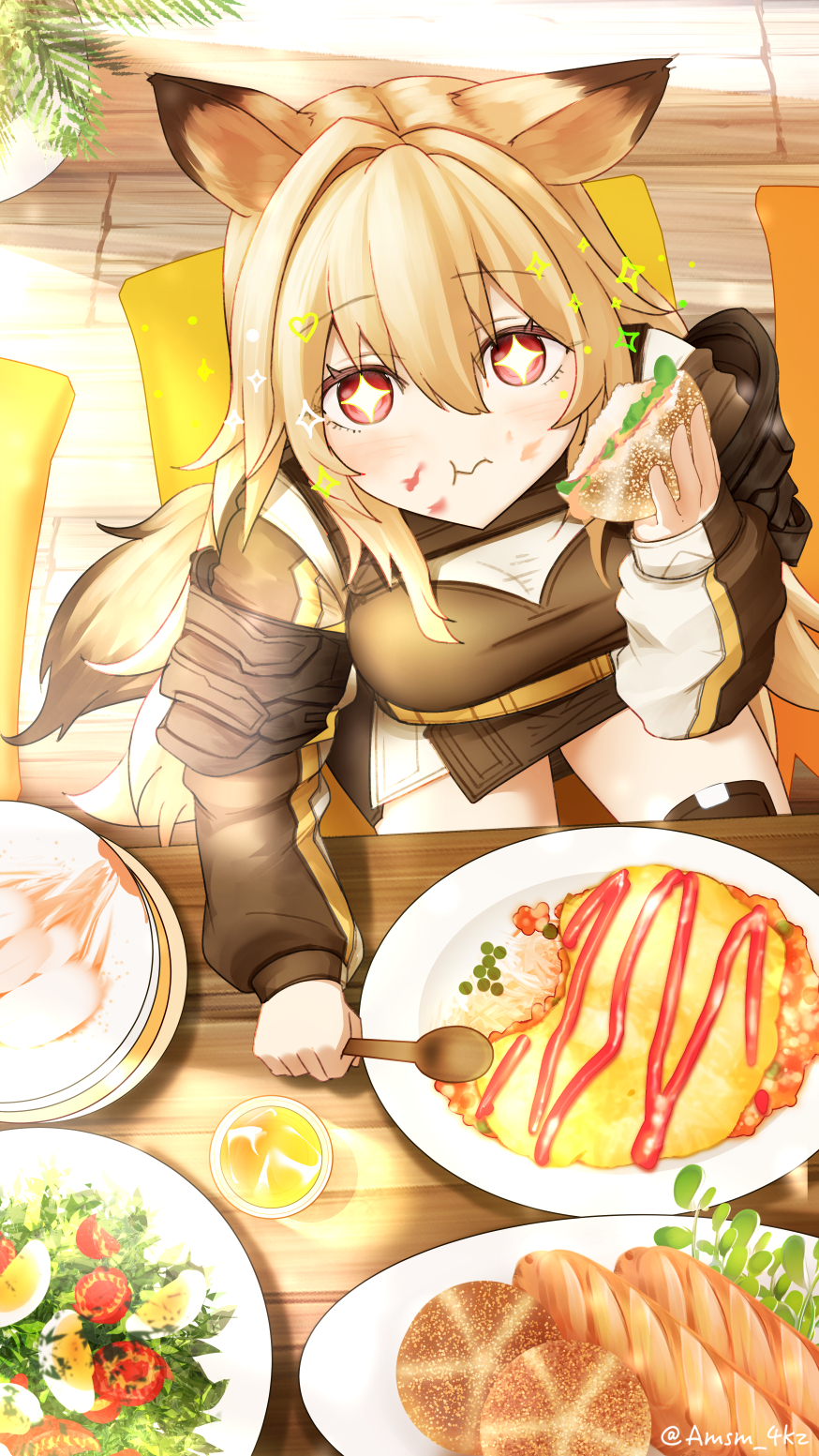 +_+ 1girl :t animal_ears arknights breasts brown_jacket ceobe_(arknights) closed_mouth commentary_request cushion dog_ears dog_girl dog_tail english_commentary food food_on_face food_request from_above hair_between_eyes highres holding holding_food holding_spoon indoors jacket light_brown_hair long_hair long_sleeves medium_breasts plate puffy_long_sleeves puffy_sleeves sitting sleeves_past_wrists solo sparkle spoon tail very_long_hair wavy_mouth wooden_floor yokaze_(yokajie) zabuton