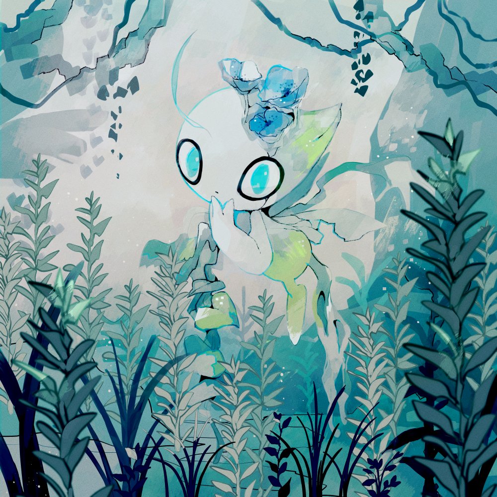 animal_focus blue_eyes blue_flower blue_theme celebi commentary expressionless floating flower flower_on_head foliage full_body grass grey_background hand_on_own_chin hand_on_own_face leaf li04r looking_at_viewer no_humans outdoors pokemon pokemon_(creature) solo symbol-only_commentary wings