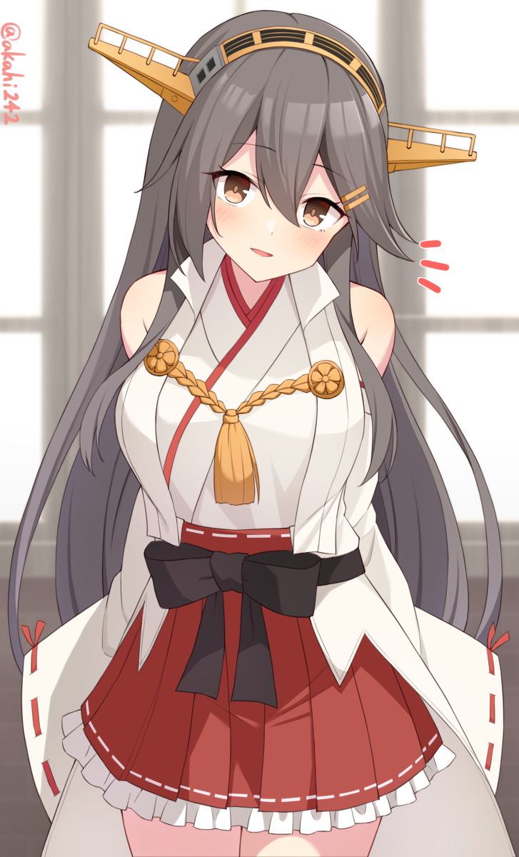 1girl akahi242 bare_shoulders black_hair blush breasts brown_eyes cowboy_shot detached_sleeves frilled_skirt frills hair_between_eyes haruna_(kancolle) highres japanese_clothes kantai_collection large_breasts long_hair nontraditional_miko open_mouth pleated_skirt red_skirt ribbon-trimmed_sleeves ribbon_trim skirt smile solo twitter_username white_sleeves wide_sleeves