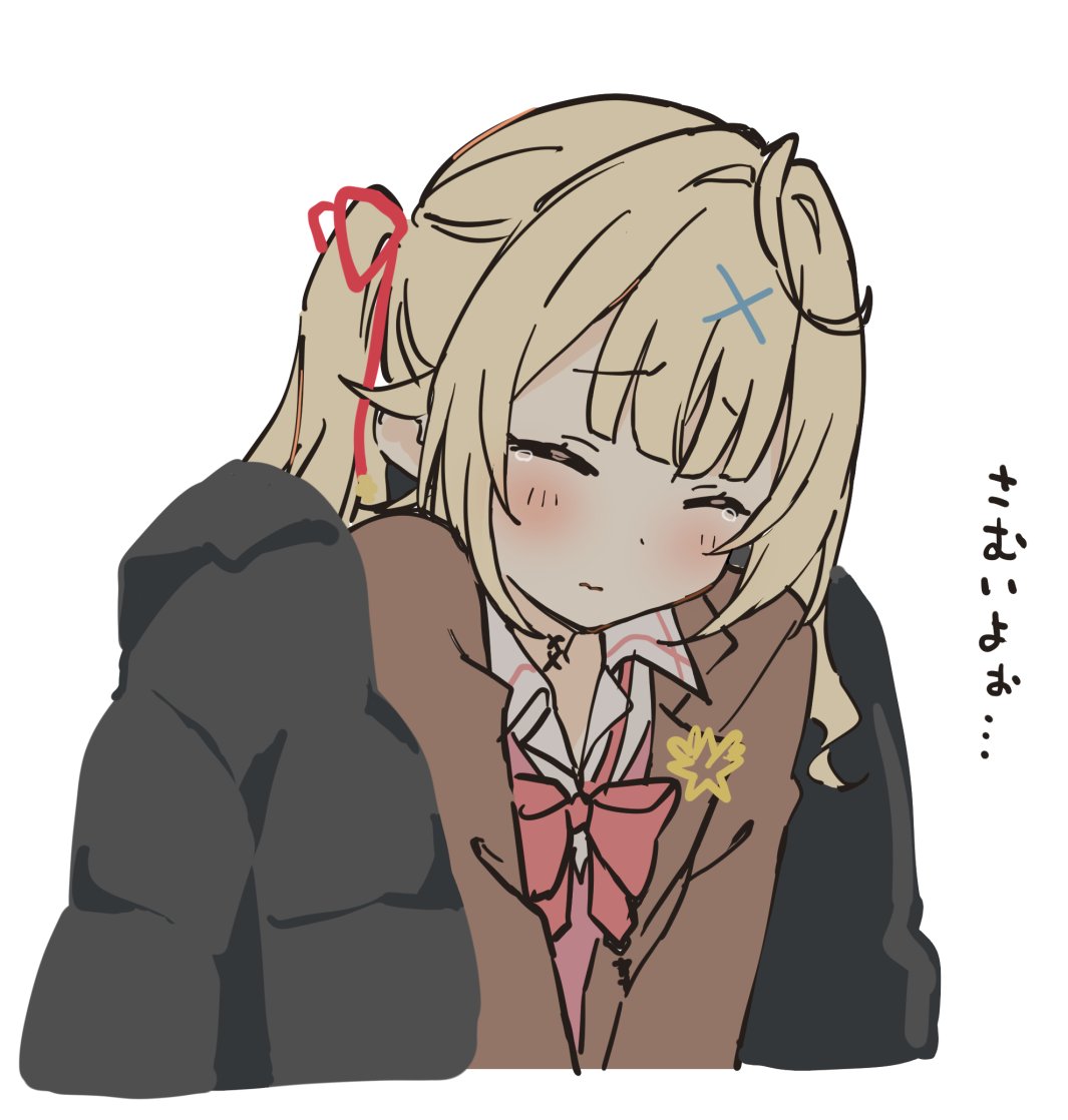 1girl black_coat blush bow bowtie brown_jacket closed_eyes closed_mouth coat collared_shirt commentary_request cropped_torso crying dot_nose h_(eitilog) hair_ribbon hoshikawa_sara jacket nijisanji pink_bow pink_bowtie red_ribbon ribbon shirt side_ponytail simple_background sketch solo tears translation_request upper_body virtual_youtuber white_background white_shirt