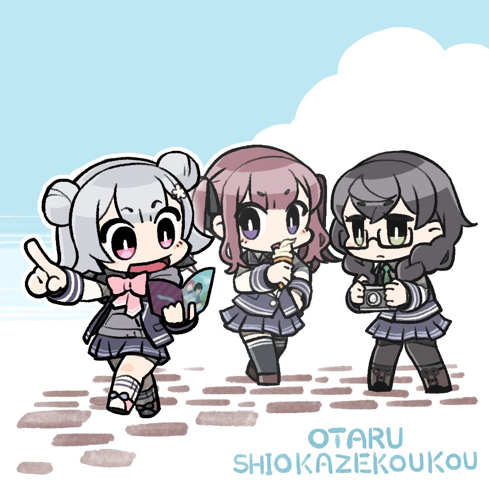3girls black_pantyhose black_thighhighs blazer blue_background blue_jacket blue_skirt blush book boots bow bowtie braid brown_hair camera cevio chibi clouds cobblestone commentary_request double_bun eating full_body glasses green_eyes green_necktie grey_hair grey_hoodie hair_bun hair_over_shoulder hanakuma_chifuyu hand_on_own_hip holding holding_book holding_camera holding_ice_cream_cone hood hood_down hoodie jacket jacket_over_hoodie kneehighs koharu_rikka licking long_hair looking_at_another low_twin_braids moyasiwhite multiple_girls natsuki_karin necktie open_book open_clothes open_jacket open_mouth outline outstretched_arm pantyhose pigeon-toed pink_bow pink_bowtie pink_eyes pleated_skirt pointing pointing_forward reading romaji_text shoes short_eyebrows short_hair skirt smile socks synthesizer_v thigh-highs translated twin_braids twintails two-tone_background v-shaped_eyebrows violet_eyes white_background white_outline