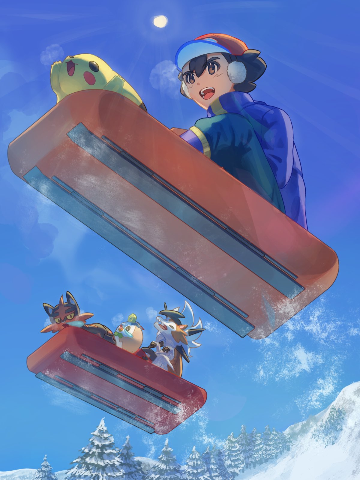 1boy black_hair blue_jacket boots breath brown_eyes commentary_request day earmuffs from_below hat highres jacket lycanroc lycanroc_(dusk) male_focus mokukitusui open_mouth outdoors pants pikachu pokemon pokemon_(anime) pokemon_(creature) pokemon_sm_(anime) red_headwear rowlet short_hair sky sledding snow sun teeth tongue torracat tree