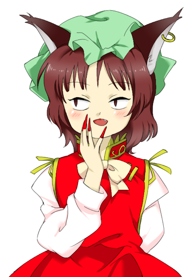1girl :d animal_ear_piercing animal_ears blush bow bowtie brown_eyes brown_hair cat_ears cat_girl chen dress earrings fang fingernails green_headwear hand_up hat jewelry long_fingernails looking_to_the_side mob_cap nail_polish nonamejd official_style perfect_cherry_blossom red_dress red_nails short_hair simple_background single_earring smile solo straight-on touhou white_background zun_(style)