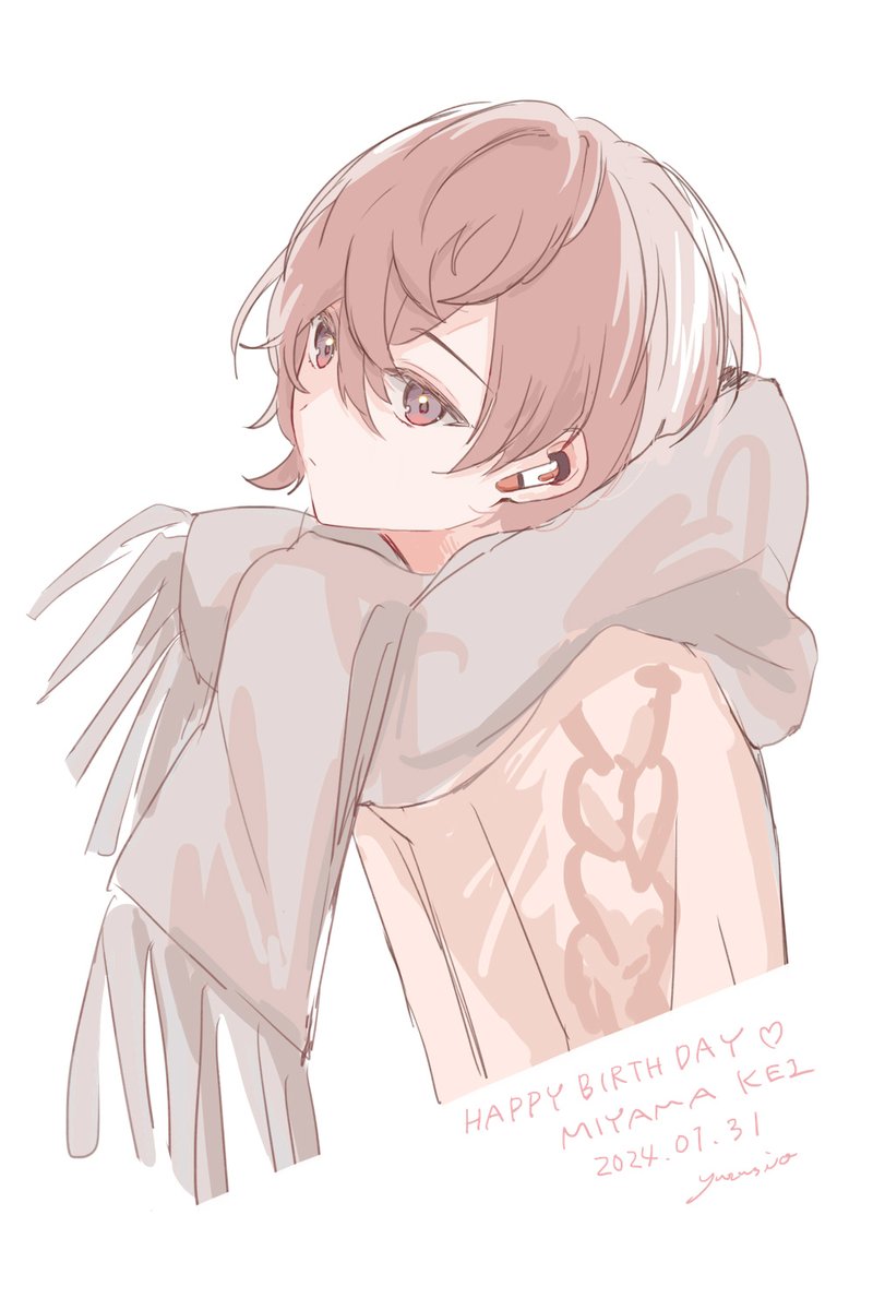 1boy brown_eyes brown_hair brown_sweater cable_knit character_name dated earphones earphones facing_to_the_side grey_background grey_scarf happy_birthday highres looking_at_viewer male_focus miyama_kei paradox_live scarf short_hair signature simple_background sketch solo sweater yuzusiotsu