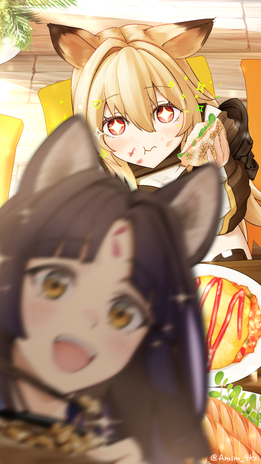 +_+ 2girls :d :t animal_ears arknights black_hair blurry blurry_foreground breasts brown_jacket ceobe_(arknights) closed_mouth cushion depth_of_field dog_ears dog_girl dog_tail eating english_commentary facial_mark food food_on_face food_request forehead_mark from_above hair_between_eyes highres holding holding_food holding_spoon indoors jacket light_brown_hair long_hair long_sleeves medium_breasts multiple_girls parted_bangs plate puffy_long_sleeves puffy_sleeves saga_(arknights) sitting sleeves_past_wrists smile sparkle spoon tail very_long_hair wavy_mouth wooden_floor yokaze_(yokajie) zabuton